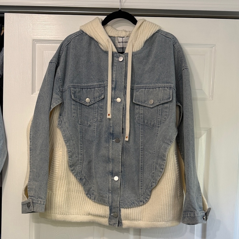Denim and knit dungaree jacket with hood. Brand new with tags!